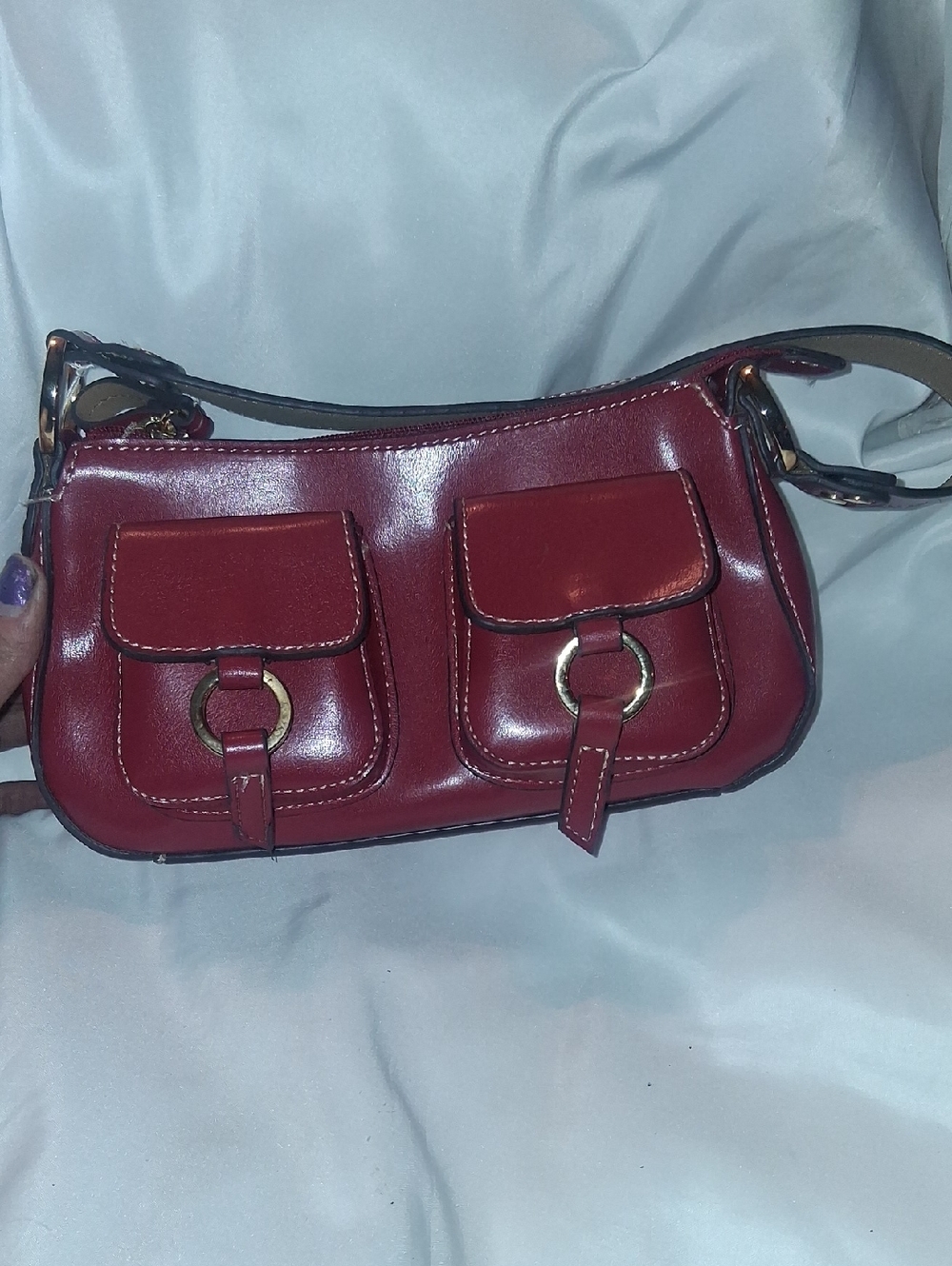 Mondani New York Red Women's Leather Shoulder Bag with Front Pocket Detail